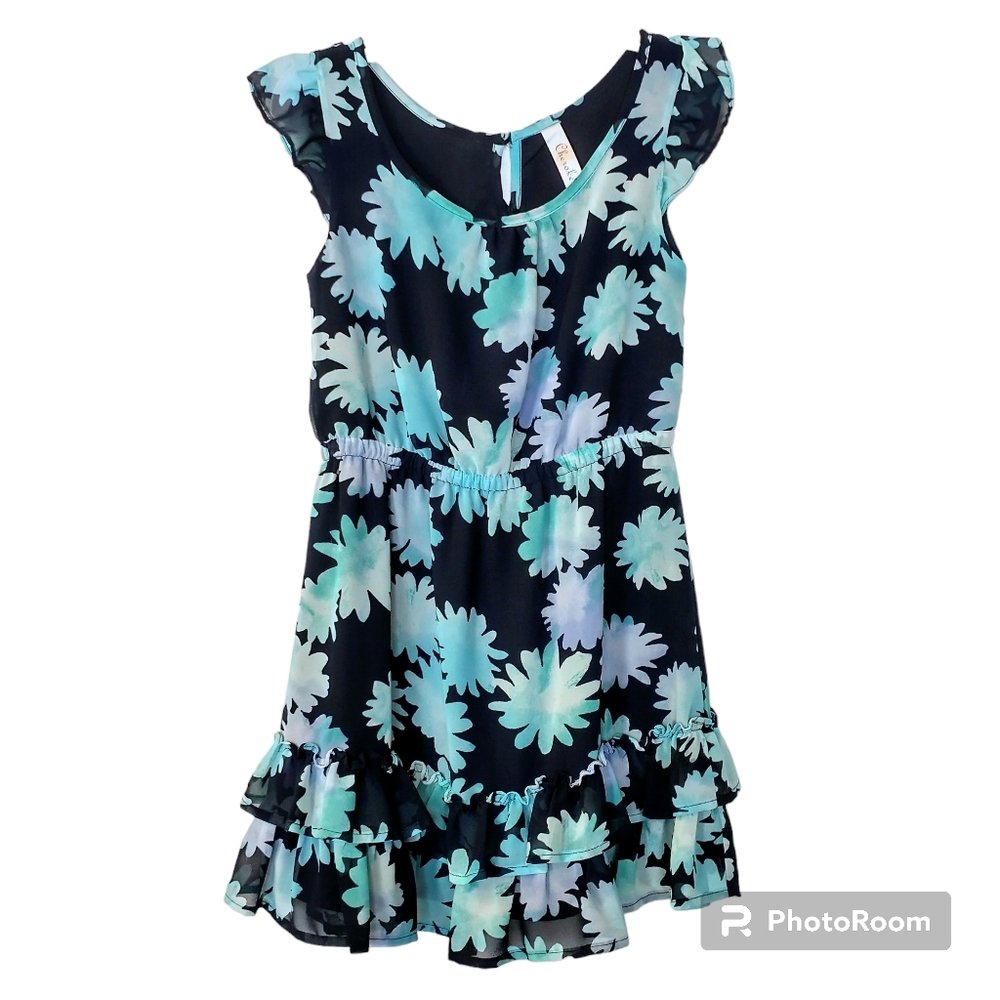 Girl's Cherokee Blue Shirt Sleeve Abstract Floral Dress Size Large 10/12